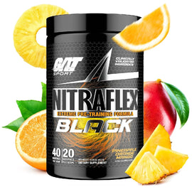 NITRAFLEX BLACK Extreme Pre-Training Formula GAT Size: Training Formula 40 Servings Flavor: Pineapple Orange Mango, Watermelon Dragon Fruit, Green Apple, Strawberry Kiwi