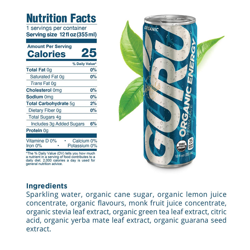 GURU Organic Energy Drink Energy Drink GURU Energy Size: 12 Cans Flavor: Guayusa Tropical Punch, Lite, Original, Yerba Mate, Matcha