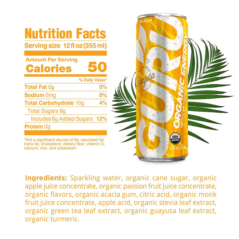 GURU Organic Energy Drink Energy Drink GURU Energy Size: 12 Cans Flavor: Guayusa Tropical Punch, Lite, Original, Yerba Mate, Matcha