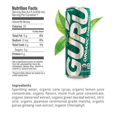 GURU Organic Energy Drink Energy Drink GURU Energy Size: 12 Cans Flavor: Guayusa Tropical Punch, Lite, Original, Yerba Mate, Matcha