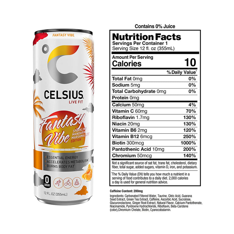 CELSIUS Energy Drink RTD Celsius Size: 12 Cans Flavor: Blue Razz Lemonade (Fizz Free & Brand New), Astro Vibe, Galaxy Vibe, Cosmic Vibe, Oasis Vibe, Lemon Lime, Fantasy Vibe, Sparkling Grape Rush, Mango Passionfruit, Arctic Vibes, Strawberry Lemonade, Str