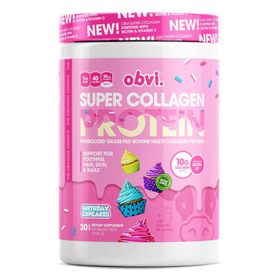 Super Collagen Protein Powder by Obvi Collagen obvi Size: 30 Servings Flavor: Fruity Cereal, Cinna Cereal, Entenmann's™ Chocolate Chip Cookies, Cocoa Cereal, Frosted Cereal, Honey O's Cereal, Birthday Cupcakes, Unflavored