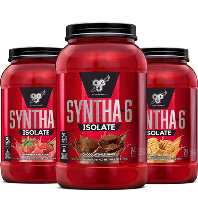 Syntha-6 Isolate Protein BSN Size: 2.01 lbs., 4.01 lbs Flavor: Chocolate Milkshake, Chocolate Peanut Butter, Vanilla Ice Cream, Peanut Butter Cookie, Strawberry Milkshake