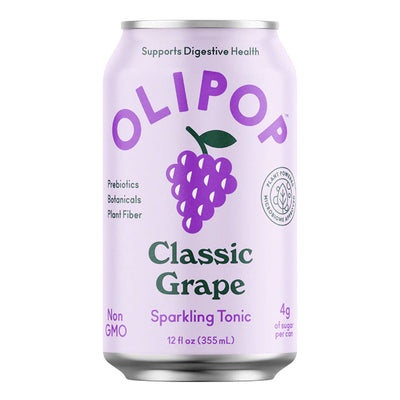 Olipop Prebiotic Healthy Soda RTD Olipop Size: 12 Cans Flavor: Tropical Punch, Cherry Cola, Cream Soda, Classic Grape, Strawberry Vanilla, Classic Root Beer