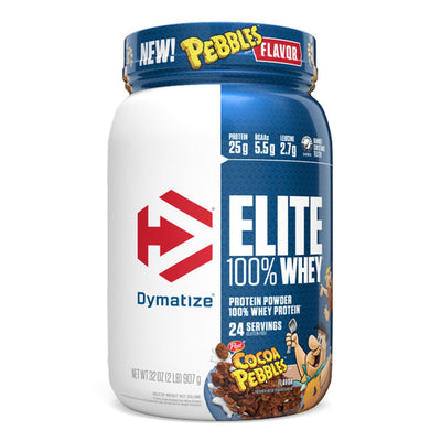 Elite 100% Whey Protein Protein Dymatize Size: 2 Lbs., 5 Lbs., 10 Lbs. Flavor: Fruity Pebbles, Cocoa Pebbles, Rich Chocolate, Gourmet Vanilla, Cookies & Cream, Chocolate Peanut Butter, Strawberry Blast, Chocolate Fudge, Cafe Mocha, Raspberry Cheesecake