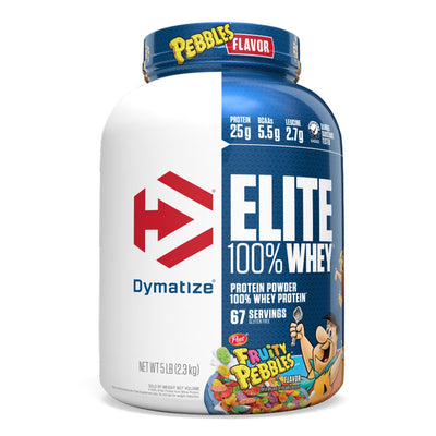 Elite 100% Whey Protein Protein Dymatize Size: 2 Lbs., 5 Lbs., 10 Lbs. Flavor: Fruity Pebbles, Cocoa Pebbles, Rich Chocolate, Gourmet Vanilla, Cookies & Cream, Chocolate Peanut Butter, Strawberry Blast, Chocolate Fudge, Cafe Mocha, Raspberry Cheesecake