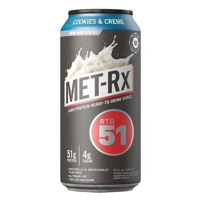 RTD 51 Protein Shake RTD MetRx Size: 12 Cans Flavor: Creamy Vanilla, Cookies and Cream, Frosty Chocolate, Peanut Butter Cup