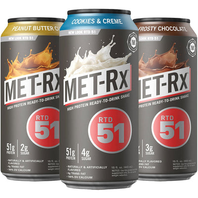 RTD 51 Protein Shake RTD MetRx Size: 12 Cans Flavor: Creamy Vanilla, Cookies and Cream, Frosty Chocolate, Peanut Butter Cup