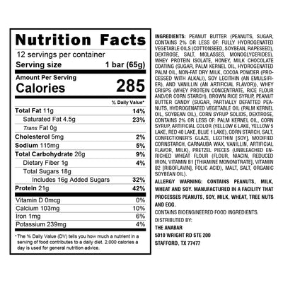 Anabar Healthy Snacks Final Boss Size: 12 Bars Flavor: Frosted Strawberry Cupcake, White Chocolate Cookies and Cream, White Chocolate Fruity Cereal Crunch, Milk Chocolate Campfire S'mores, Milk Chocolate Monster Cookie Crunch, Milk Chocolate PB&J, White C