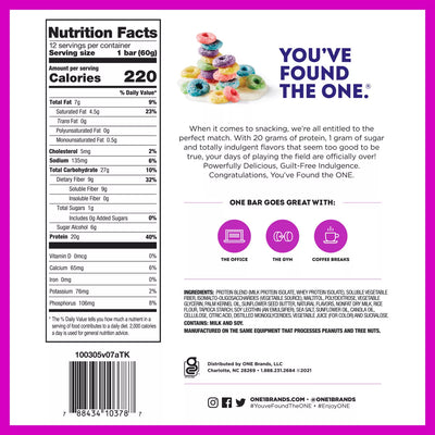 ONE Bar Healthy Snacks ONE Size: 12 Bars Flavor: Peanut Butter Cup, Pumpkin Pie, Birthday Cake, Lemon Cake, Cookies and Creme, Peanut Butter Pie, Blueberry Cobbler, Cinnamon Roll, Maple Glazed Doughnut, S'Mores, Fruity Cereal, Almond Bliss, Chocolate Chip