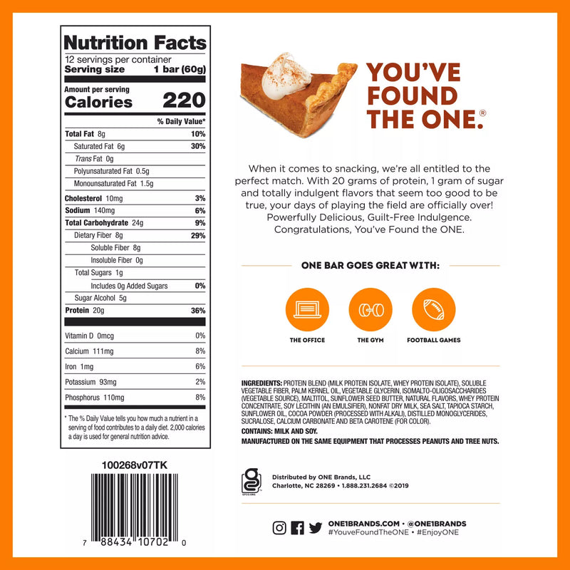 ONE Bar Healthy Snacks ONE Size: 12 Bars Flavor: Peanut Butter Cup, Pumpkin Pie, Birthday Cake, Lemon Cake, Cookies and Creme, Peanut Butter Pie, Blueberry Cobbler, Cinnamon Roll, Maple Glazed Doughnut, S&