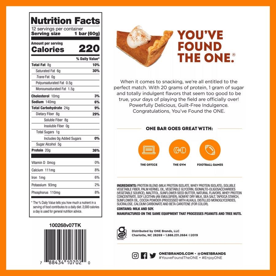 ONE Bar Healthy Snacks ONE Size: 12 Bars Flavor: Peanut Butter Cup, Pumpkin Pie, Birthday Cake, Lemon Cake, Cookies and Creme, Peanut Butter Pie, Blueberry Cobbler, Cinnamon Roll, Maple Glazed Doughnut, S&