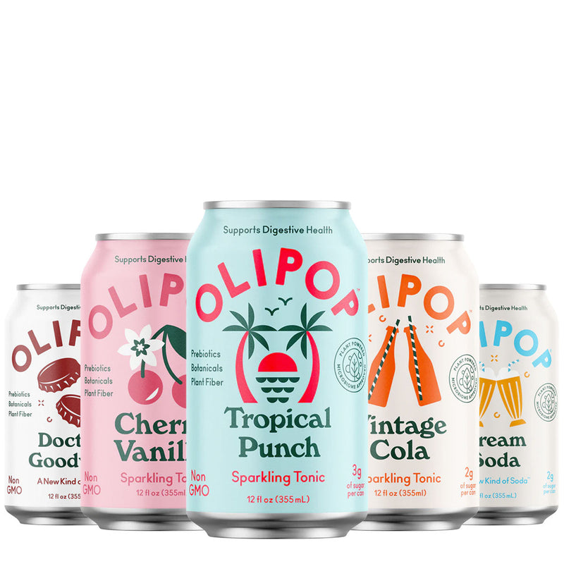 Olipop Prebiotic Healthy Soda RTD Olipop Size: 12 Cans Flavor: Tropical Punch, Cherry Cola, Cream Soda, Classic Grape, Strawberry Vanilla, Classic Root Beer