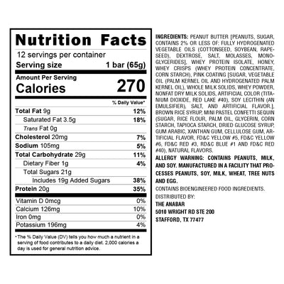 Anabar Healthy Snacks Final Boss Size: 12 Bars Flavor: Frosted Strawberry Cupcake, White Chocolate Cookies and Cream, White Chocolate Fruity Cereal Crunch, Milk Chocolate Campfire S'mores, Milk Chocolate Monster Cookie Crunch, Milk Chocolate PB&J, White C