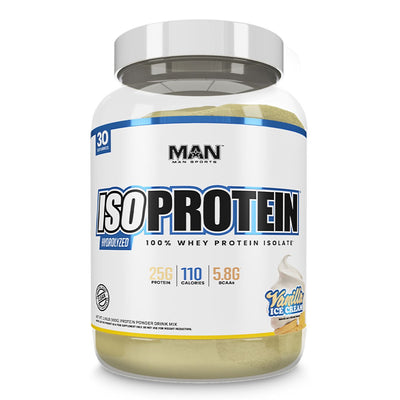 Iso Protein Protein MAN Size: 30 Servings Flavor: Chocolate Milk, Vanilla Ice Cream, Peanut Butter Bits