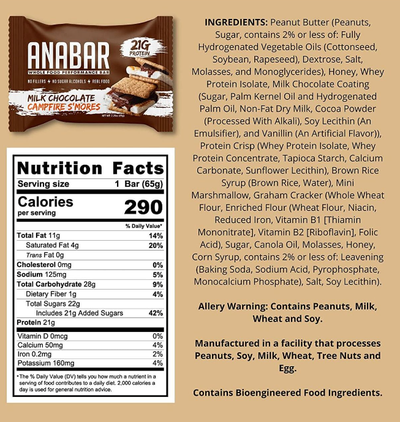 Anabar Healthy Snacks Final Boss Size: 12 Bars Flavor: Frosted Strawberry Cupcake, White Chocolate Cookies and Cream, White Chocolate Fruity Cereal Crunch, Milk Chocolate Campfire S'mores, Milk Chocolate Monster Cookie Crunch, Milk Chocolate PB&J, White C